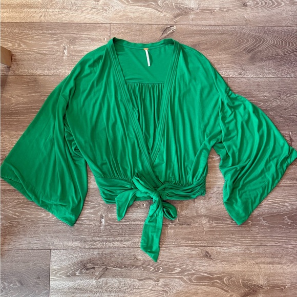 Free People That’s a Wrap Top Vibrant Green Tie-Front Blouse - Picture 3 of 5